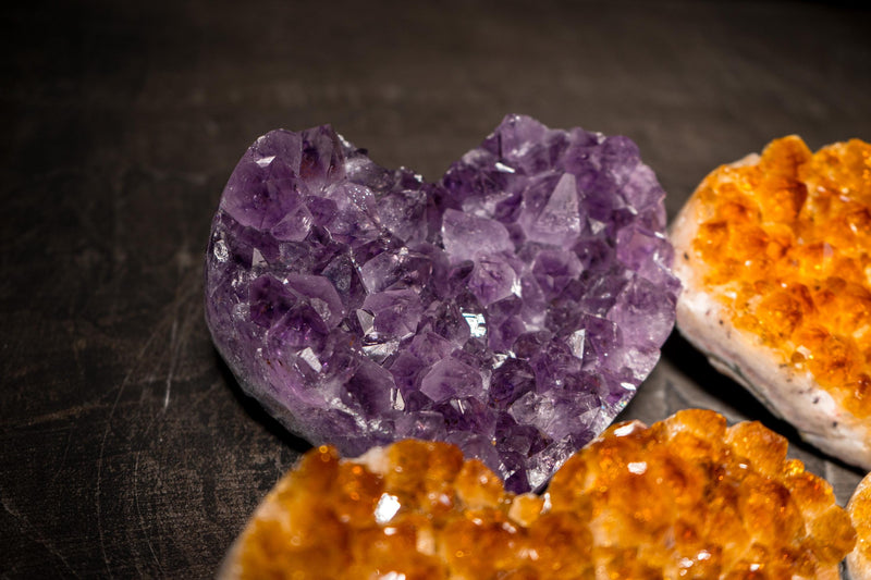 Set of 4 High - Grade Citrine and Amethyst Hearts, Decorative Crystal, Wholesale Flat Box - 3.4 Kg - 7.5 lb - E2D Crystals & Minerals