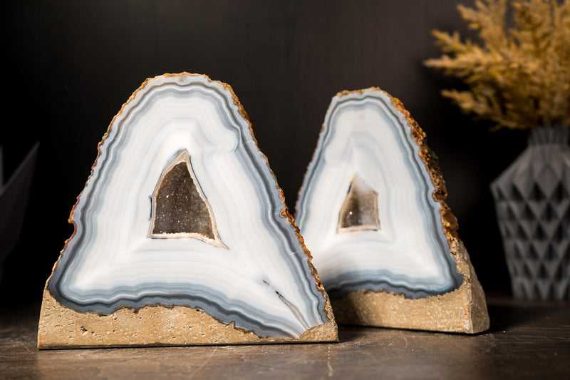 Pair of Rare Blue & White Lace Striped Agate Geodes with Galaxy Druzy - E2D Crystals & Minerals