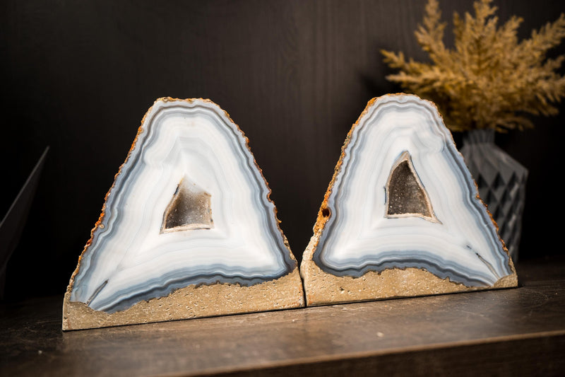 Pair of Rare Blue & White Lace Striped Agate Geodes with Galaxy Druzy - E2D Crystals & Minerals