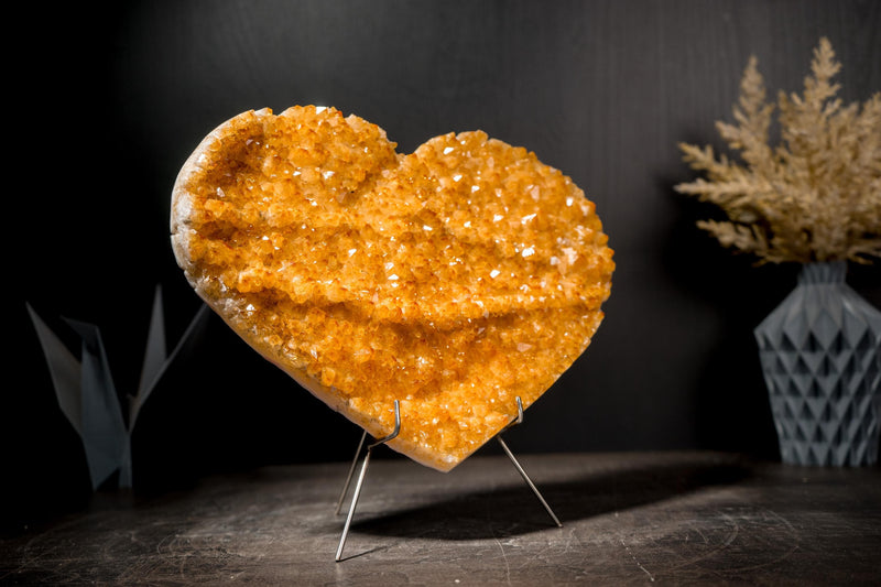 Gorgeous Large Citrine Heart with Intense Sparkly Yellow Druzy on Rare Formation - 12" Natural Crystal for Healing & Decor - E2D Crystals & Minerals