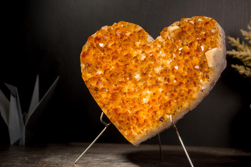 Large Natural Citrine Heart with Brilliant Golden Orange Druzy and Calcite Inclusion, 9 Lb - E2D Crystals & Minerals