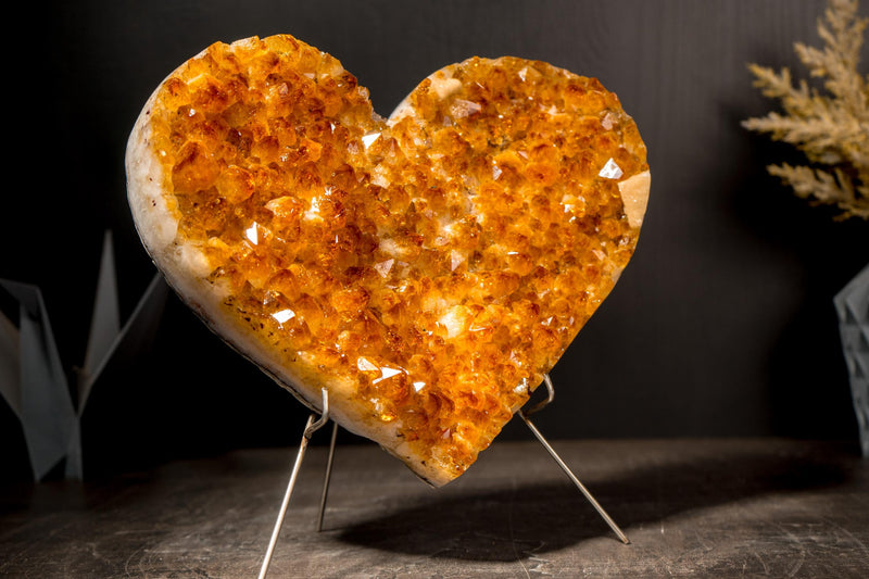 Large Natural Citrine Heart with Brilliant Golden Orange Druzy and Calcite Inclusion, 9 Lb - E2D Crystals & Minerals