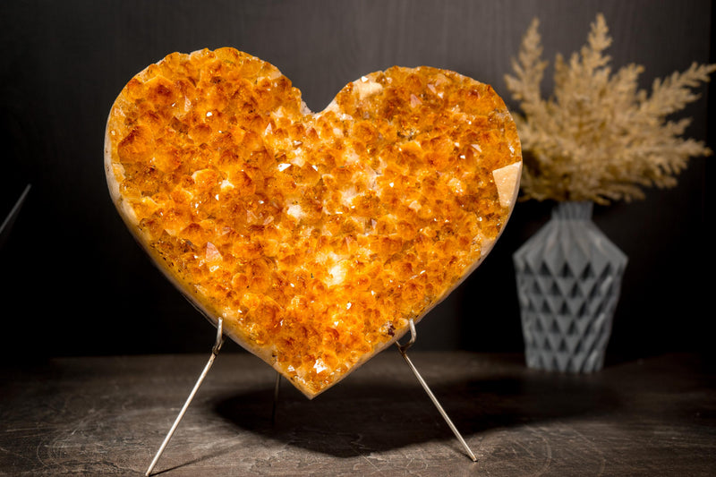 Large Natural Citrine Heart with Brilliant Golden Orange Druzy and Calcite Inclusion, 9 Lb - E2D Crystals & Minerals