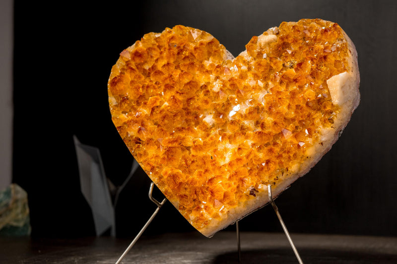 Large Natural Citrine Heart with Brilliant Golden Orange Druzy and Calcite Inclusion, 9 Lb - E2D Crystals & Minerals