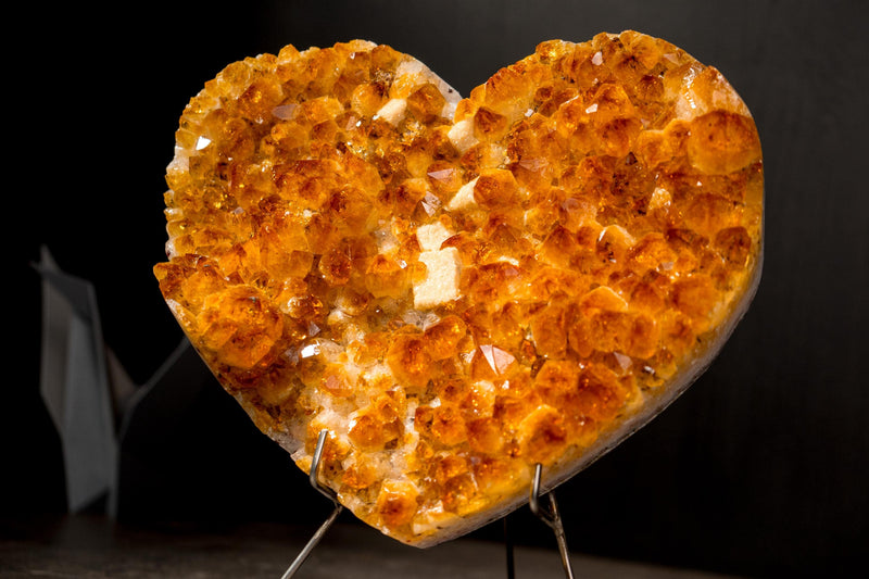 Natural Citrine Heart with a Flower Rosette and Brilliant Golden Orange Druzy - E2D Crystals & Minerals