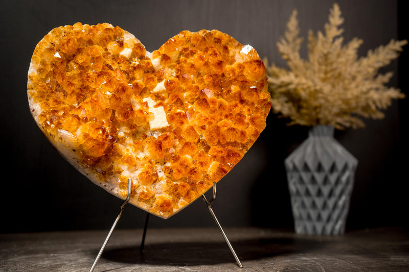 Natural Citrine Heart with a Flower Rosette and Brilliant Golden Orange Druzy - E2D Crystals & Minerals