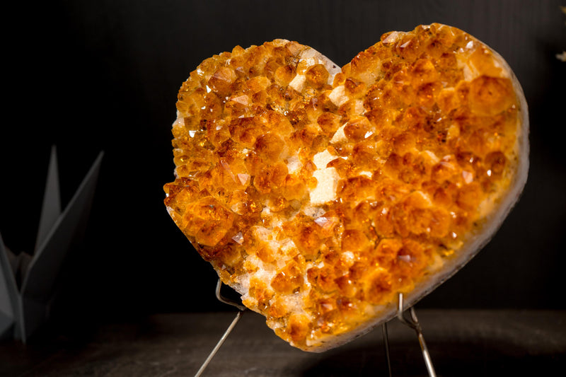 Natural Citrine Heart with a Flower Rosette and Brilliant Golden Orange Druzy - E2D Crystals & Minerals