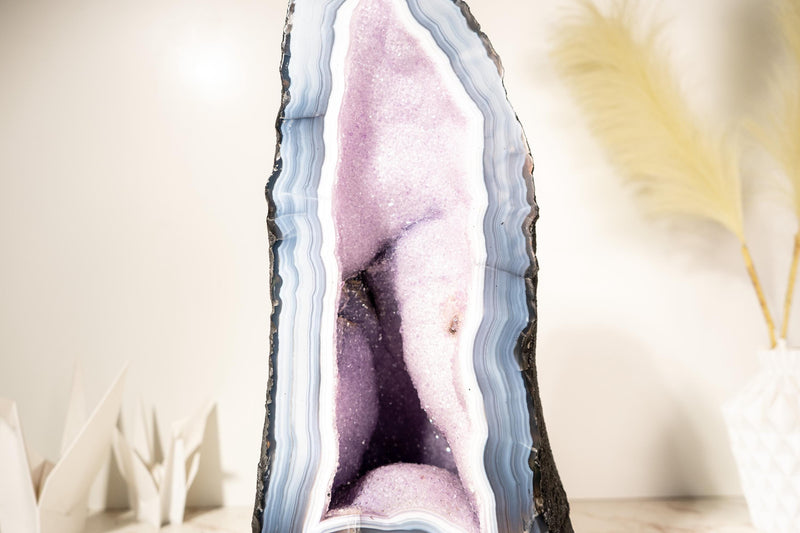 Rare Lace Agate Cathedral Geode – 43 lb, 19 in Tall with Striped White & Blue Agate and Pastel Pink Galaxy Druzy - Agate Amethyst Geode - E2D Crystals & Minerals