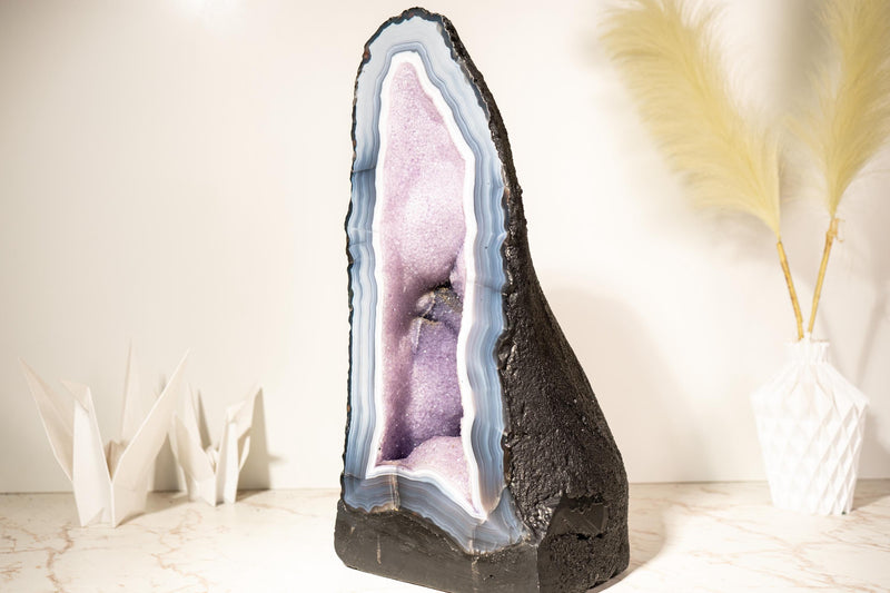 Rare Lace Agate Cathedral Geode – 43 lb, 19 in Tall with Striped White & Blue Agate and Pastel Pink Galaxy Druzy - Agate Amethyst Geode - E2D Crystals & Minerals