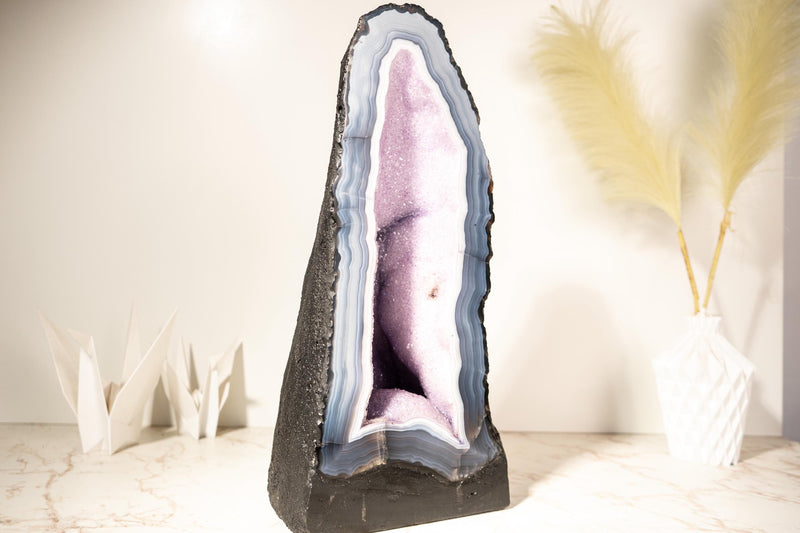 Rare Lace Agate Cathedral Geode – 43 lb, 19 in Tall with Striped White & Blue Agate and Pastel Pink Galaxy Druzy - Agate Amethyst Geode - E2D Crystals & Minerals