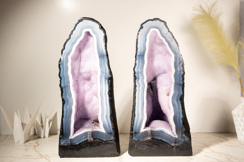 Rare Lace Agate Cathedral Geode Pair – 86 lb, 20 in Tall, Featuring Striped White & Blue Agate and Pastel Pink Galaxy Druzy - E2D Crystals & Minerals