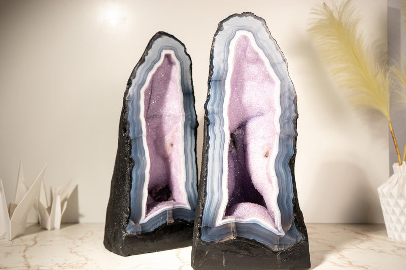 Rare Lace Agate Cathedral Geode Pair – 86 lb, 20 in Tall, Featuring Striped White & Blue Agate and Pastel Pink Galaxy Druzy - E2D Crystals & Minerals