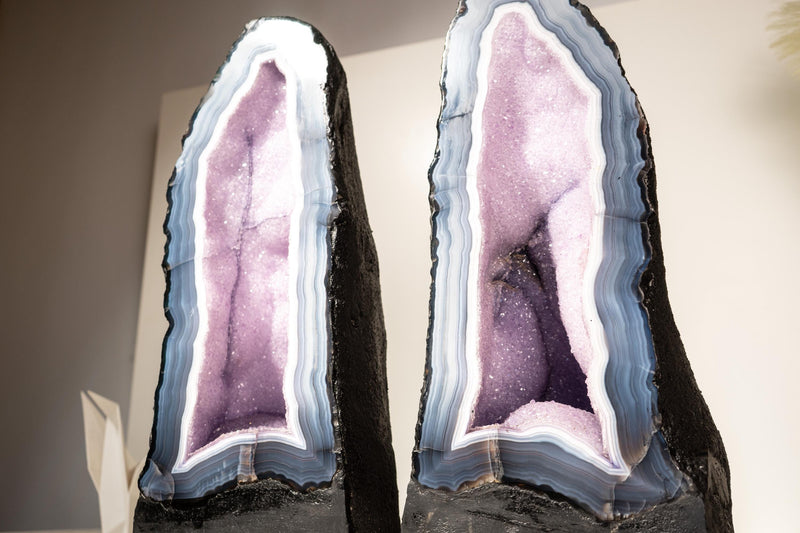 Rare Lace Agate Cathedral Geode Pair – 86 lb, 20 in Tall, Featuring Striped White & Blue Agate and Pastel Pink Galaxy Druzy - E2D Crystals & Minerals