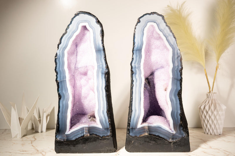 Rare Lace Agate Cathedral Geode Pair – 86 lb, 20 in Tall, Featuring Striped White & Blue Agate and Pastel Pink Galaxy Druzy - E2D Crystals & Minerals