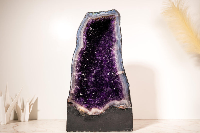 Rare Amethyst Geode Cathedral with Violet Purple Amethyst Druzy with a Sky - Blue Lace Agate Frame, Large Size - 25 Kg - 55 lb - E2D Crystals & Minerals