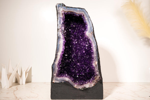 Rare Large Amethyst Geode Cathedral – Violet Purple Druzy with Sky - Blue Lace Agate Frame - 25 Kg - 55 lb - E2D Crystals & Minerals