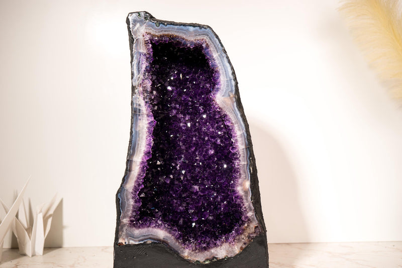 Rare Large Amethyst Geode Cathedral – Violet Purple Druzy with Sky - Blue Lace Agate Frame - 25 Kg - 55 lb - E2D Crystals & Minerals