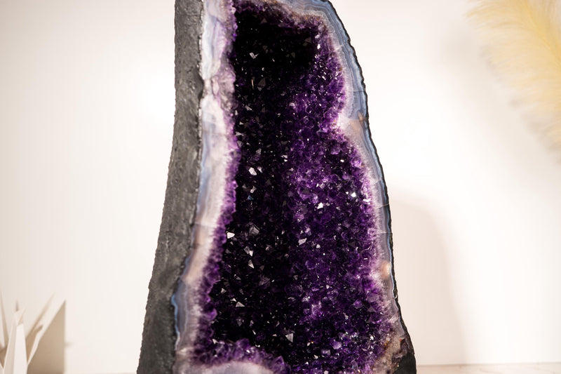 Rare Large Amethyst Geode Cathedral – Violet Purple Druzy with Sky - Blue Lace Agate Frame - 25 Kg - 55 lb - E2D Crystals & Minerals