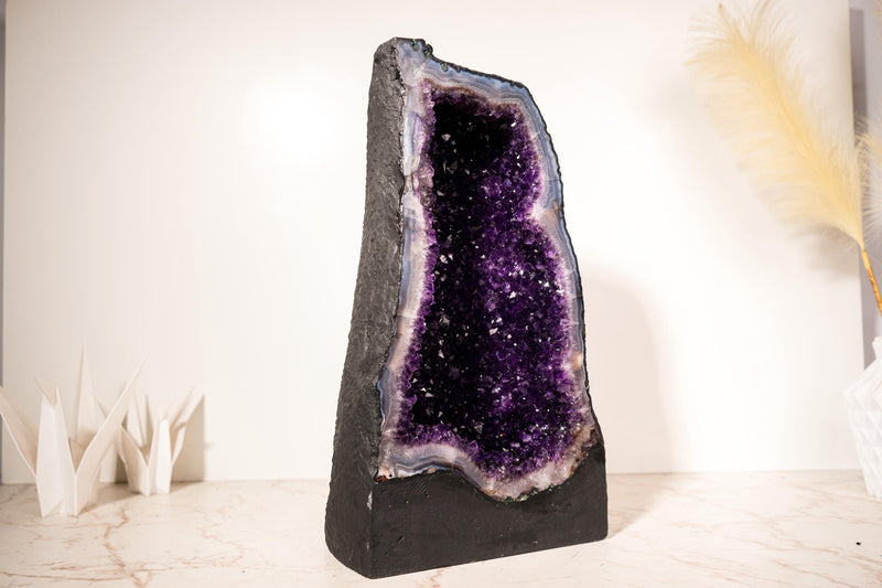 Rare Large Amethyst Geode Cathedral – Violet Purple Druzy with Sky - Blue Lace Agate Frame - 25 Kg - 55 lb - E2D Crystals & Minerals