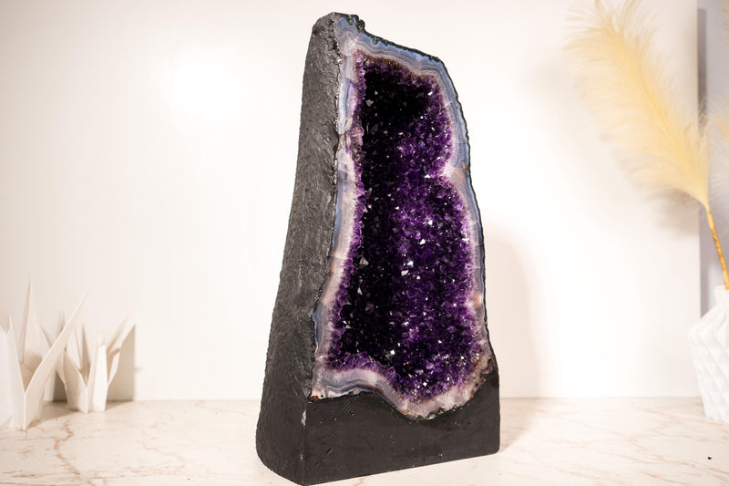 Rare Large Amethyst Geode Cathedral – Violet Purple Druzy with Sky - Blue Lace Agate Frame - 25 Kg - 55 lb - E2D Crystals & Minerals