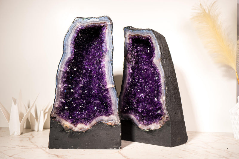 Book - Matching Pair of Rare Large Amethyst Geode Cathedrals – Violet Purple Druzy with Sky - Blue Lace Agate Frame - 50 Kg - 111 lb - E2D Crystals & Minerals