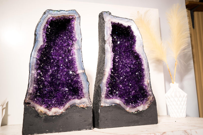 Book - Matching Pair of Rare Large Amethyst Geode Cathedrals – Violet Purple Druzy with Sky - Blue Lace Agate Frame - 50 Kg - 111 lb - E2D Crystals & Minerals