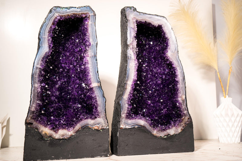 Book - Matching Pair of Rare Large Amethyst Geode Cathedrals – Violet Purple Druzy with Sky - Blue Lace Agate Frame - 50 Kg - 111 lb - E2D Crystals & Minerals