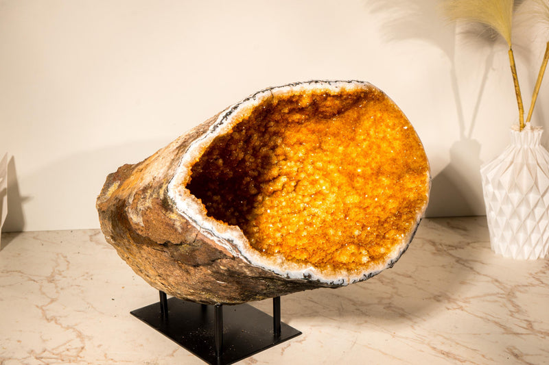 Spectacular All - Natural Citrine Geode Cave with Rare Galaxy Druzy and Vibrant Golden Orange - 11.6 Kg - 25.5 lb - E2D Crystals & Minerals