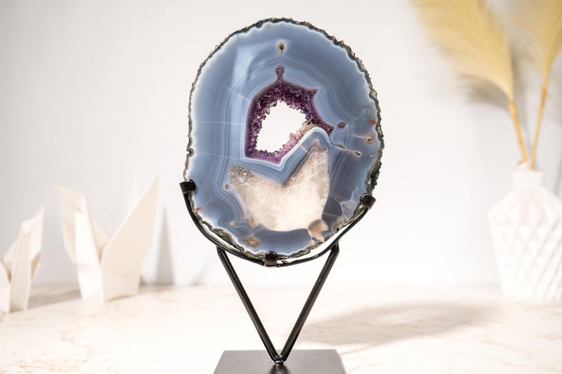 Gallery - Grade Agate Geode Specimen with Calcite in Agate, Blue Banded Agate and Sparkly Purple Druzy - 1.8 Kg - 3.9 lb - E2D Crystals & Minerals