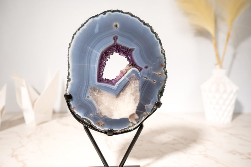 Gallery - Grade Agate Geode Specimen with Calcite in Agate, Blue Banded Agate and Sparkly Purple Druzy - 1.8 Kg - 3.9 lb - E2D Crystals & Minerals