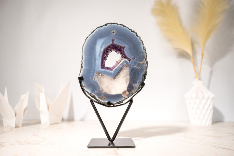 Gallery - Grade Agate Geode Specimen with Calcite in Agate, Blue Banded Agate and Sparkly Purple Druzy - 1.8 Kg - 3.9 lb - E2D Crystals & Minerals