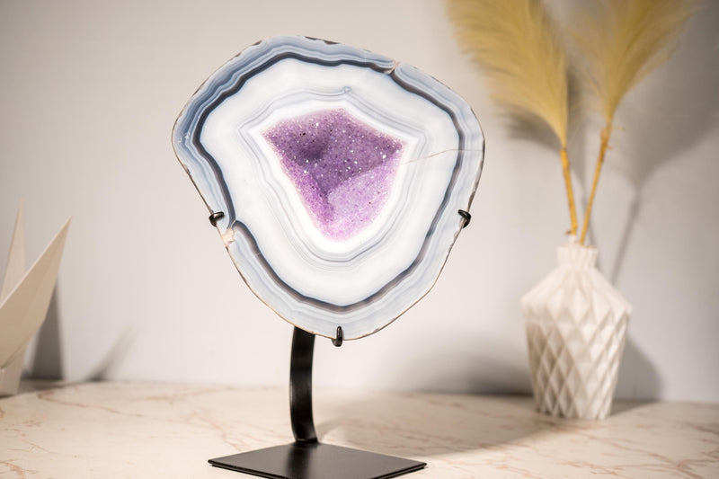 Rare Lace Agate Geode on Stand – Featuring White & Blue Bands and a Violet Purple Interior, a Natural Crystal Art, 5.7 Kg - 12.5 lb - E2D Crystals & Minerals