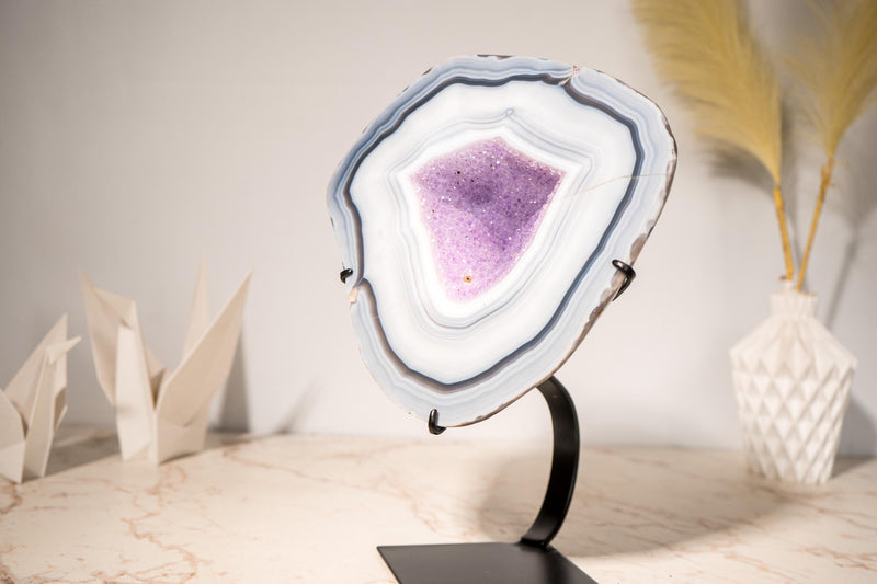 Rare Lace Agate Geode on Stand – Featuring White & Blue Bands and a Violet Purple Interior, a Natural Crystal Art, 5.7 Kg - 12.5 lb - E2D Crystals & Minerals