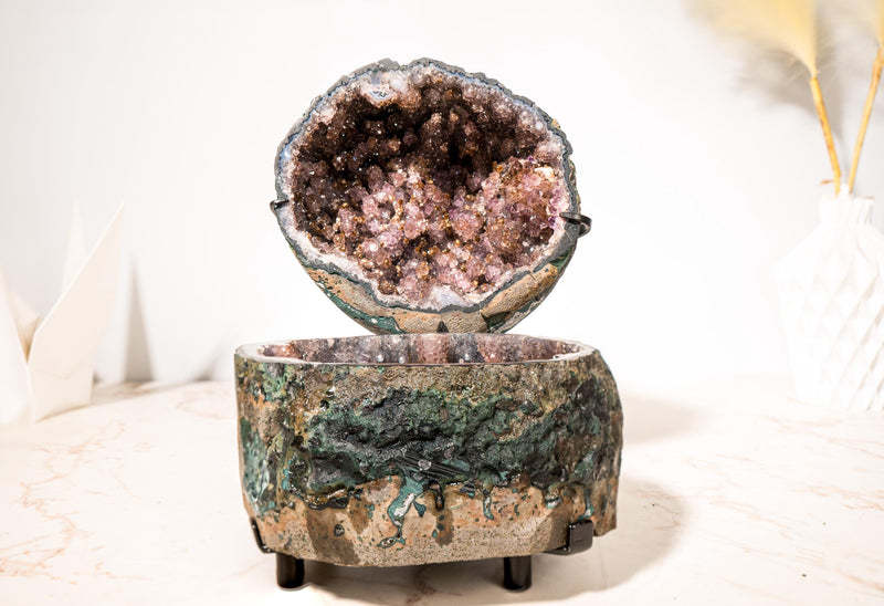 Gorgeous Amethyst Geode Jewelry Box with Stalactite Formations and Golden Goethite (Rutile) on Sparkly Lavender Druzy - 11 In - 12.3 Lb - E2D Crystals & Minerals