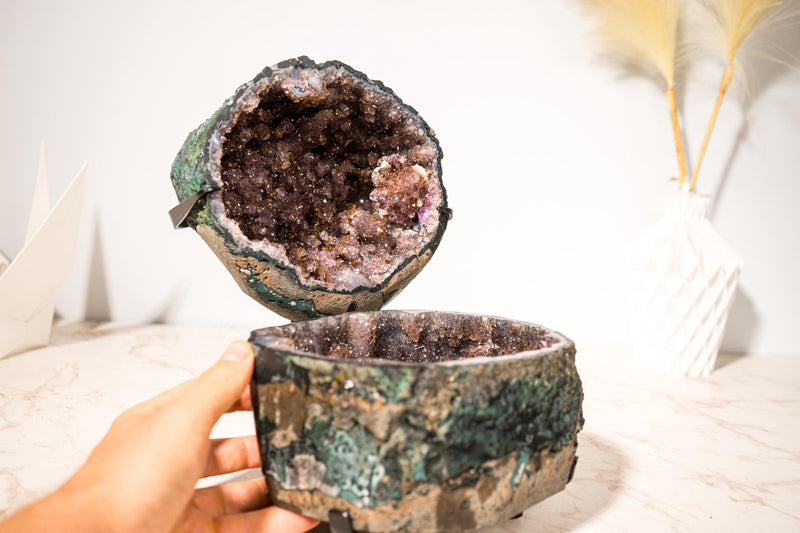 Gorgeous Amethyst Geode Jewelry Box with Stalactite Formations and Golden Goethite (Rutile) on Sparkly Lavender Druzy - 11 In - 12.3 Lb - E2D Crystals & Minerals