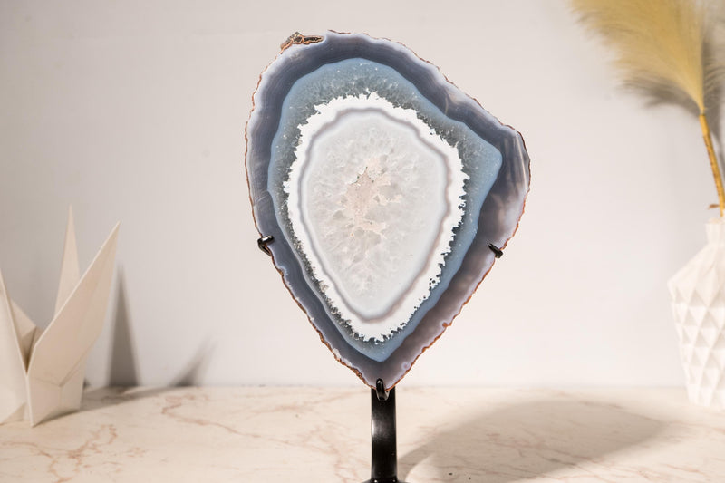 Rare Blue Lace Agate with Clear Quartz Geode Slice – All - Natural, Collection - Grade Agate Specimen from Brazil - E2D Crystals & Minerals