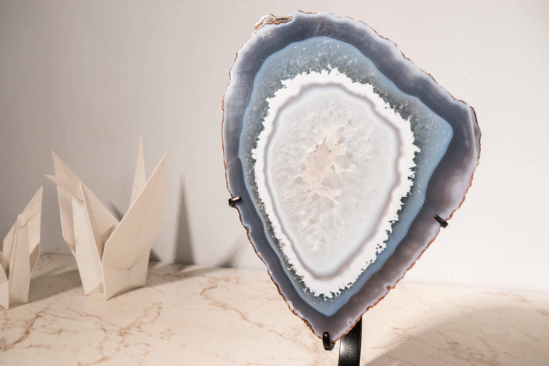 Rare Blue Lace Agate with Clear Quartz Geode Slice – All - Natural, Collection - Grade Agate Specimen from Brazil - E2D Crystals & Minerals