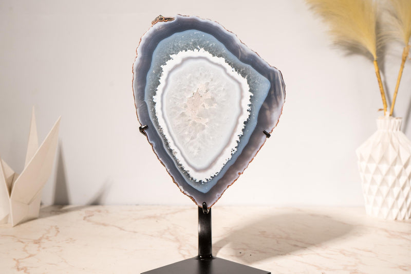 Rare Blue Lace Agate with Clear Quartz Geode Slice – All - Natural, Collection - Grade Agate Specimen from Brazil - E2D Crystals & Minerals