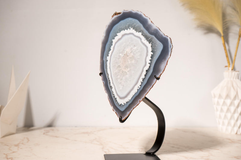 Rare Blue Lace Agate with Clear Quartz Geode Slice – All - Natural, Collection - Grade Agate Specimen from Brazil - E2D Crystals & Minerals