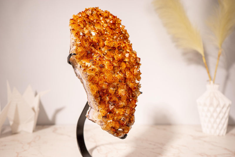 AAA - Grade Citrine Cluster with Intense Orange Druzy and Blossoming Flower Formation, Set on a Custom - Made Stand - 4.4 Kg - 9.7 lb - E2D Crystals & Minerals