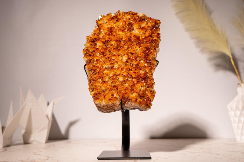 AAA - Grade Citrine Cluster with Sparkly Intense Orange Druzy and Aesthetical Formation, Set on a Custom - Made Stand - 13.8 In - 9.2 Lb - E2D Crystals & Minerals