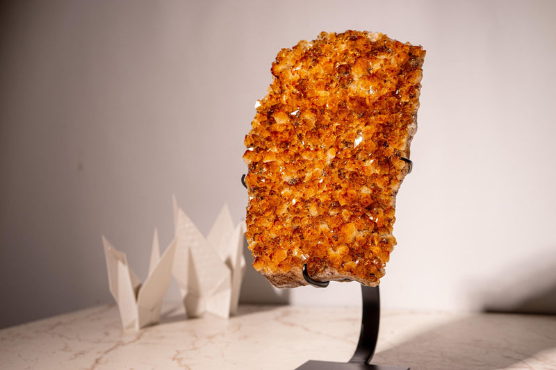 AAA - Grade Citrine Cluster with Sparkly Intense Orange Druzy and Aesthetical Formation, Set on a Custom - Made Stand - 13.8 In - 9.2 Lb - E2D Crystals & Minerals