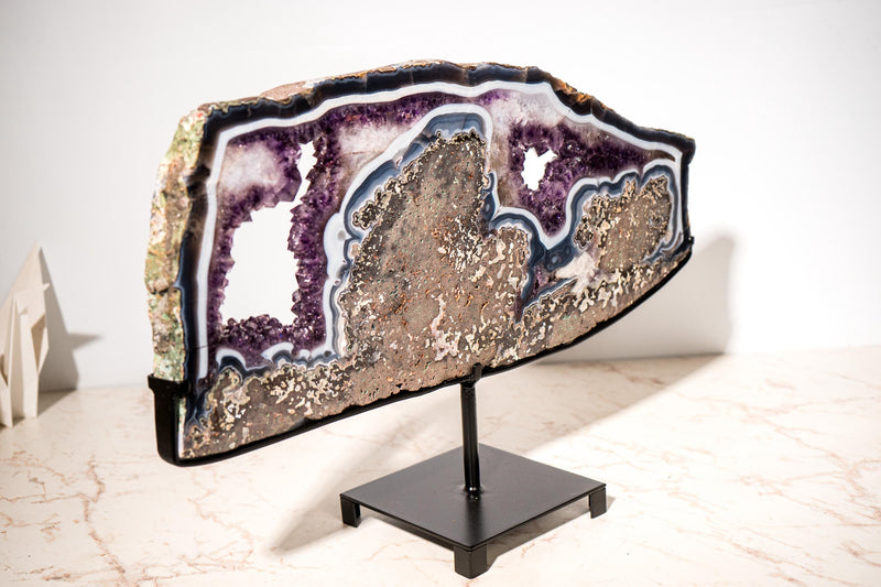 Rare Blue and White Agate and Purple Amethyst Geode Slice Slab - E2D Crystals & Minerals