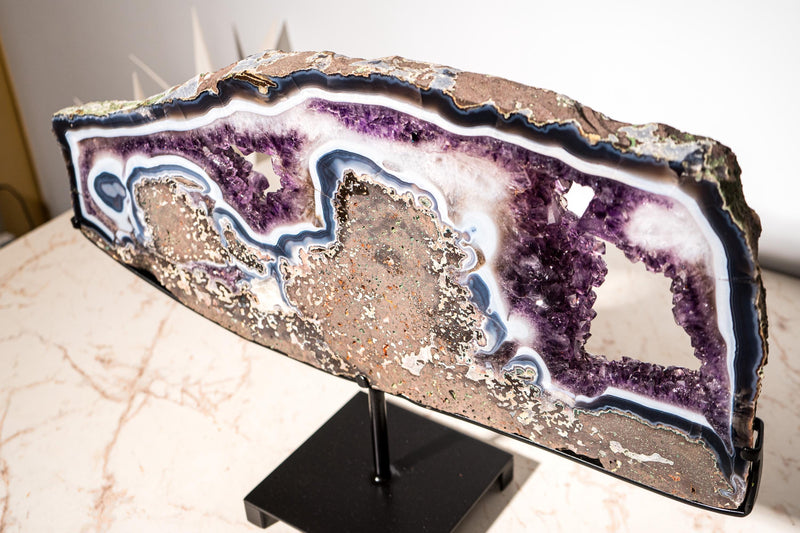 Rare Blue and White Agate and Purple Amethyst Geode Slice Slab - E2D Crystals & Minerals