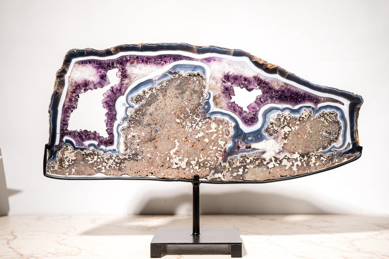 Rare Blue and White Agate and Purple Amethyst Geode Slice Slab - E2D Crystals & Minerals