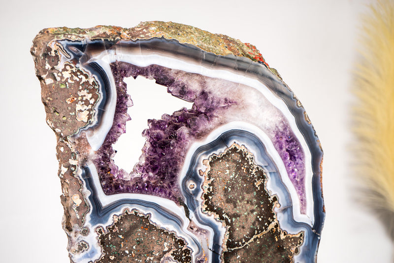 Blue & White Agate with Purple Amethyst Geode in Basalt Slice - E2D Crystals & Minerals