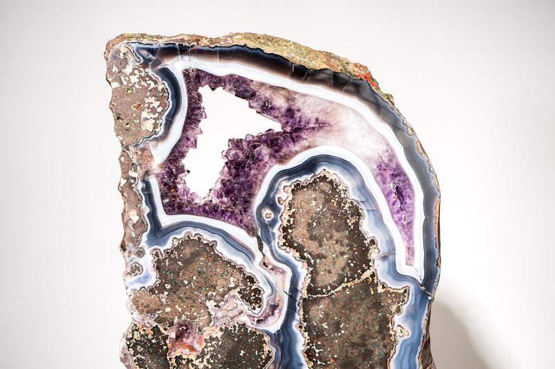 Blue & White Agate with Purple Amethyst Geode in Basalt Slice - E2D Crystals & Minerals