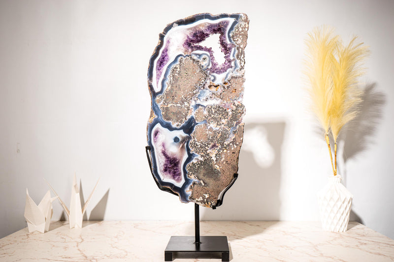 Blue & White Agate with Purple Amethyst Geode in Basalt Slice - E2D Crystals & Minerals