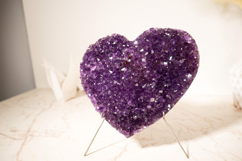 Sparkly Rich Purple Amethyst Heart with High - Grade Amethyst Druzy - February Birthstone, 9.1 In - 6.8 Lb - E2D Crystals & Minerals