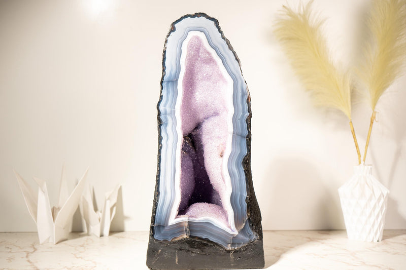 Rare Lace Agate Cathedral Geode – 43 lb, 19 in Tall with Striped White & Blue Agate and Pastel Pink Galaxy Druzy - Agate Amethyst Geode - E2D Crystals & Minerals